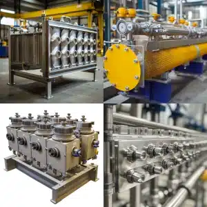 Industrial multi-port filtration and pressure vessels in a factory, showing stainless steel build and valve systems.