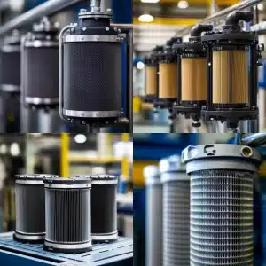 Industrial air or fluid filters in a factory setting, showing pleated cartridges and metal housings in various stages of use.