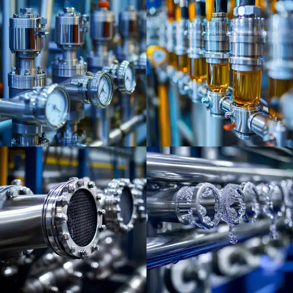 Industrial collage showing metal pipelines, pressure gauges, oil filters, mesh screens, and flowing water system.