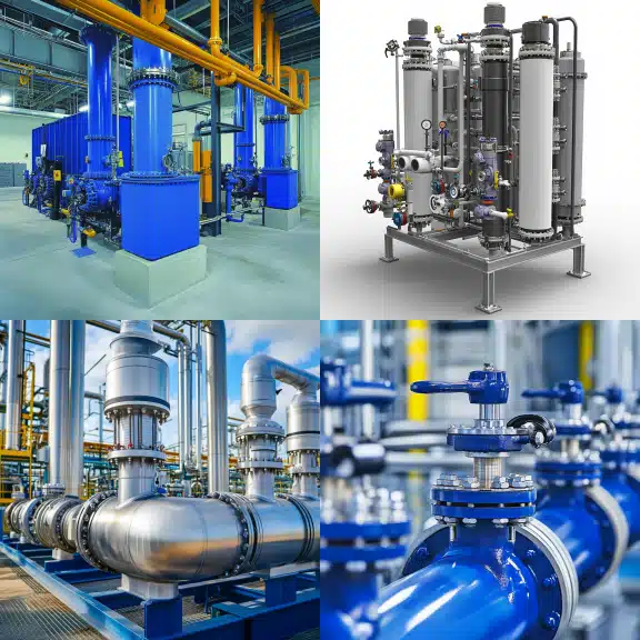 Industrial machinery with large blue pipes, valves, and filters in a factory setting for fluid and gas processing.