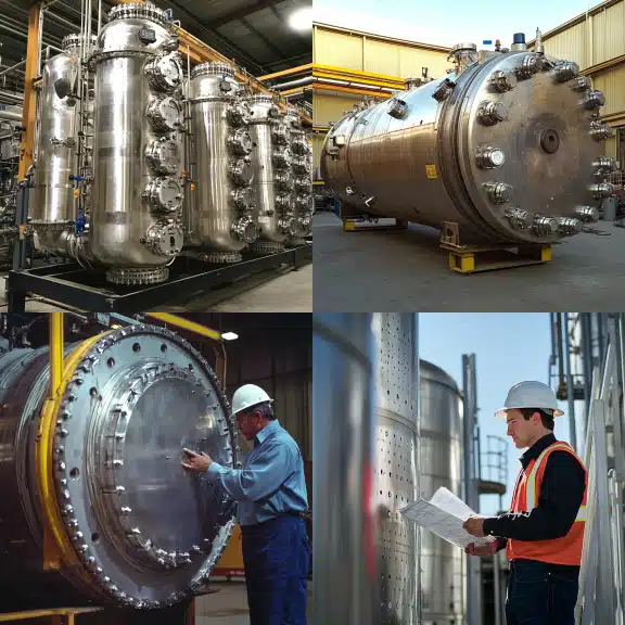 Industrial pressure vessels with workers inspecting and maintaining equipment, showcasing size and complexity.