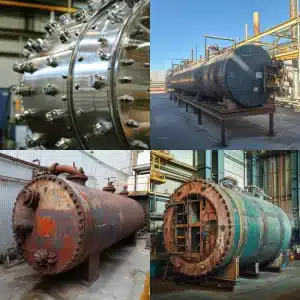 Four pressure vessels: one with shiny bolts, one in good condition, and two rusted vessels showing wear and tear.