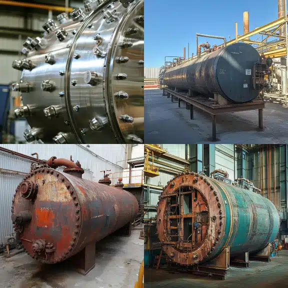 Four pressure vessels: one with shiny bolts, one in good condition, and two rusted vessels showing wear and tear.