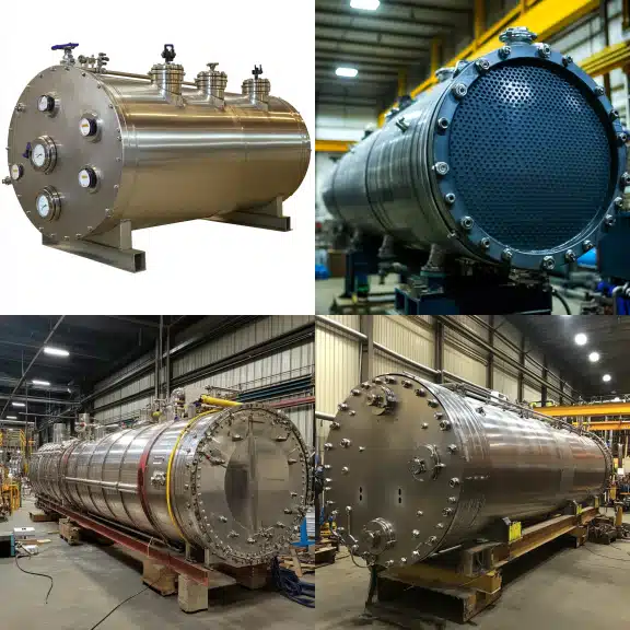 Stainless steel pressure vessels displayed in an industrial environment, showcasing detailed components and design features.