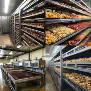 Racks filled with dried fruits and food products inside a commercial drying facility, showcasing trays and shelves.