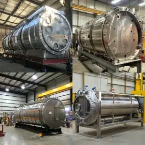 A collection of large stainless steel pressure vessels in an industrial setting, showing various angles, parts, and fittings.