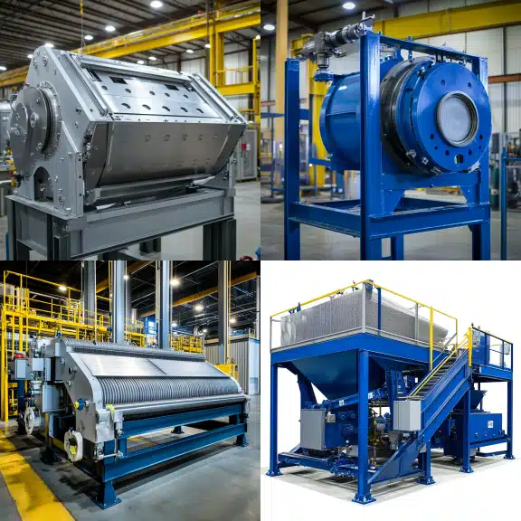 Industrial machinery in a manufacturing plant, including a press, conveyor, and various processing machines for production.