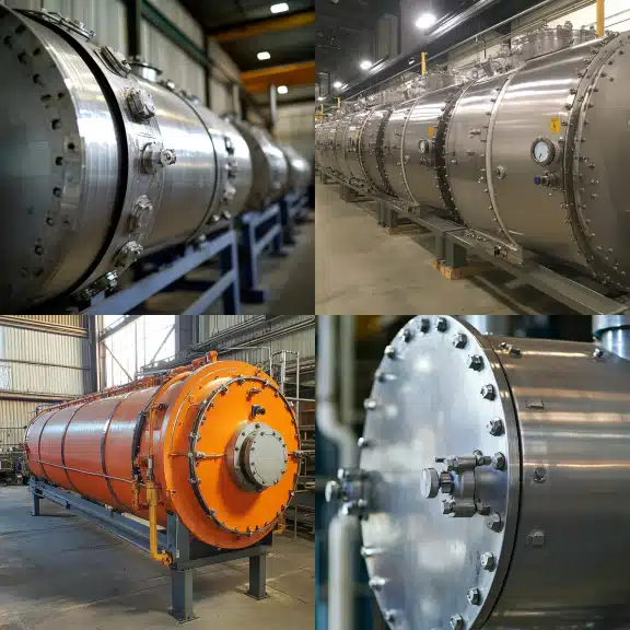 Various pressure vessels in an industrial setting, featuring intricate piping, bolted connections, and metallic surfaces.