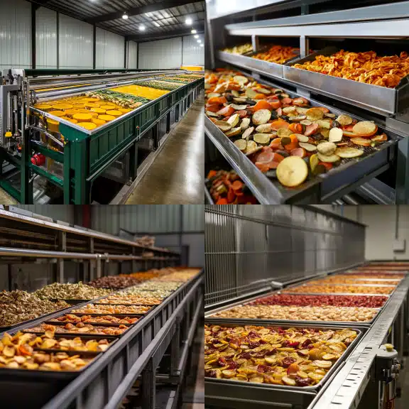 Industrial facility with trays of dried fruits and vegetables processed on conveyor belts in a clean, spacious warehouse.