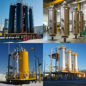 Industrial pressure vessels in various settings, featuring large steel tanks with pipes, valves, and safety equipment.