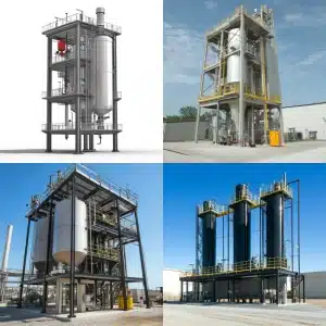 Four vertical industrial pressure vessels with ladders and platforms, shown in different structural configurations.