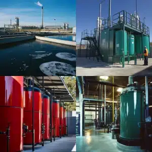 Industrial water treatment plant with large green tanks, red storage vessels, and processing equipment inside a factory.