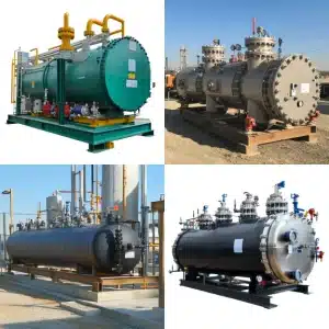 Four horizontal industrial pressure vessels with varied piping, valve, and flange configurations at facilities.