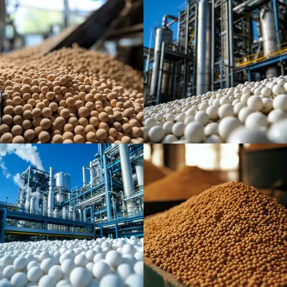 Image of beige and white industrial pellets and large manufacturing facilities with pipes and equipment in a factory.