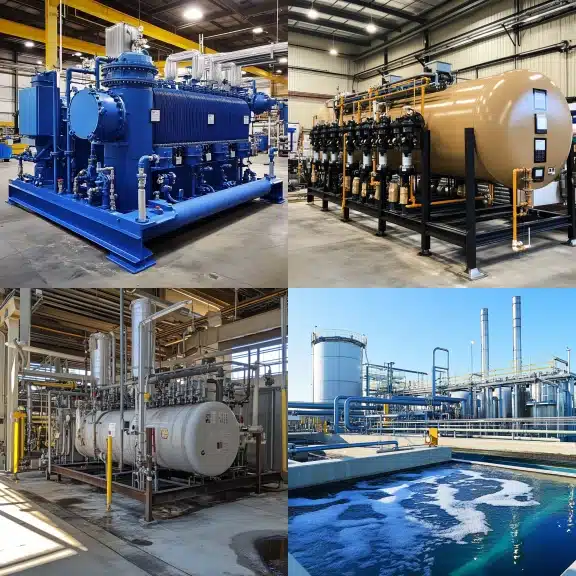 pictures of different industrial facilities and processes including water separation