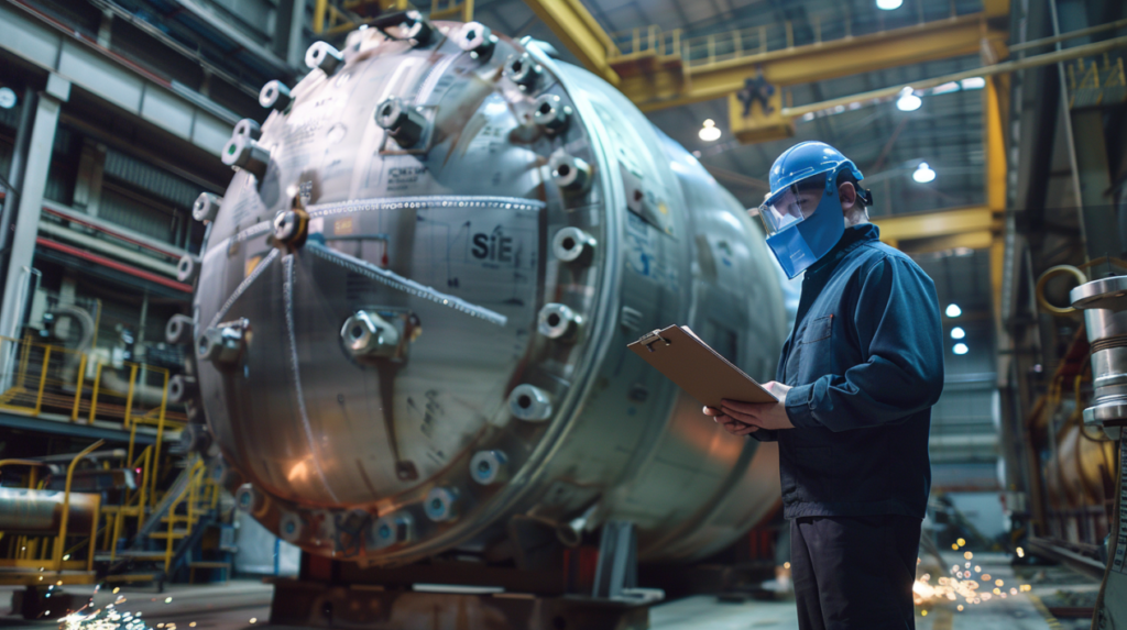 Technician inspecting a large stainless steel pressure vessel with a clipboard inside an industrial plant.