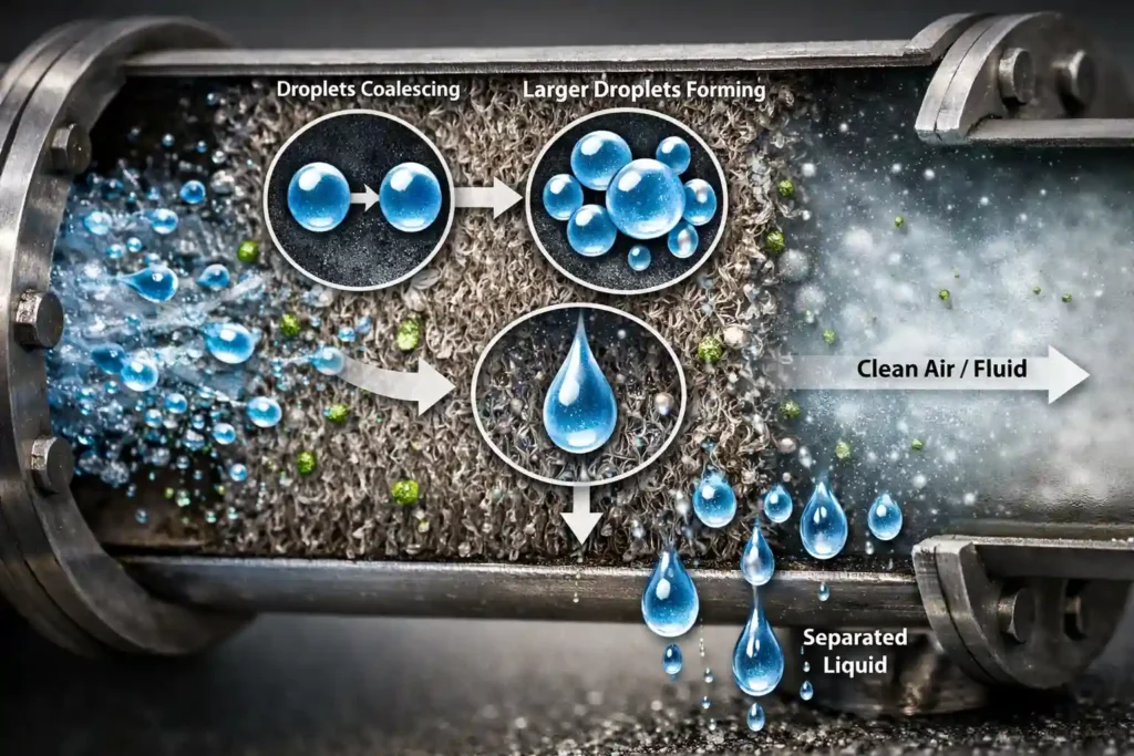 Diagram of coalescing agents in filtration systems merging droplets for efficient separation