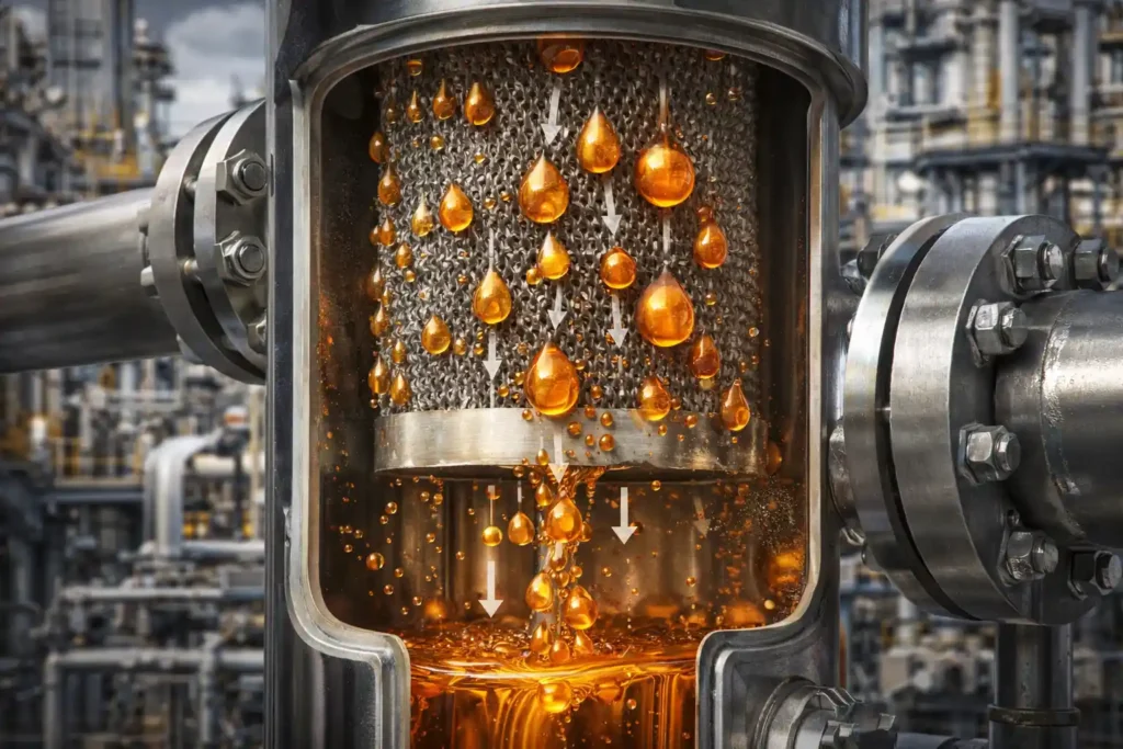 Illustration showing coalescing in industrial applications with droplets merging for filtration efficiency