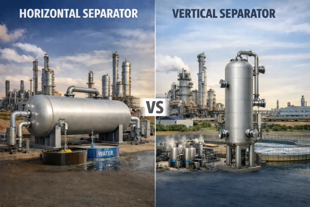 Horizontal separator for high-flow operations and vertical separator for space-constrained environments, showing their applications in industrial settings.