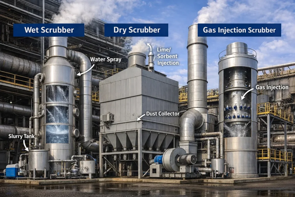 Industrial fuel gas scrubber system reducing emissions of PM, SO2, NOx, and VOCs for cleaner air and regulatory compliance.