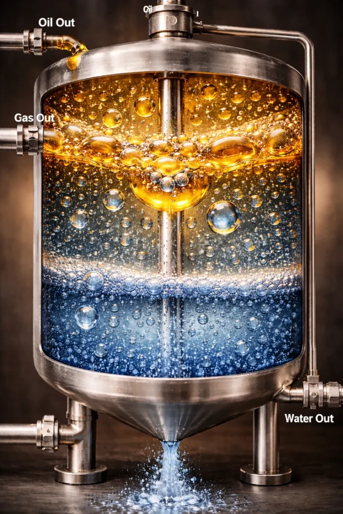 Close-up of an industrial pressure separator showing oil and water separation with golden oil floating above a perforated plate and blue water below, with labeled pipes directing the output.