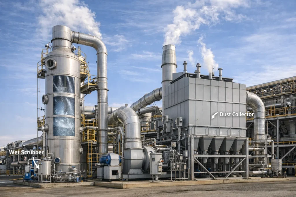 Industrial wet and dry scrubber systems integrated with pressure vessels at a power plant to reduce air pollution and remove harmful emissions.