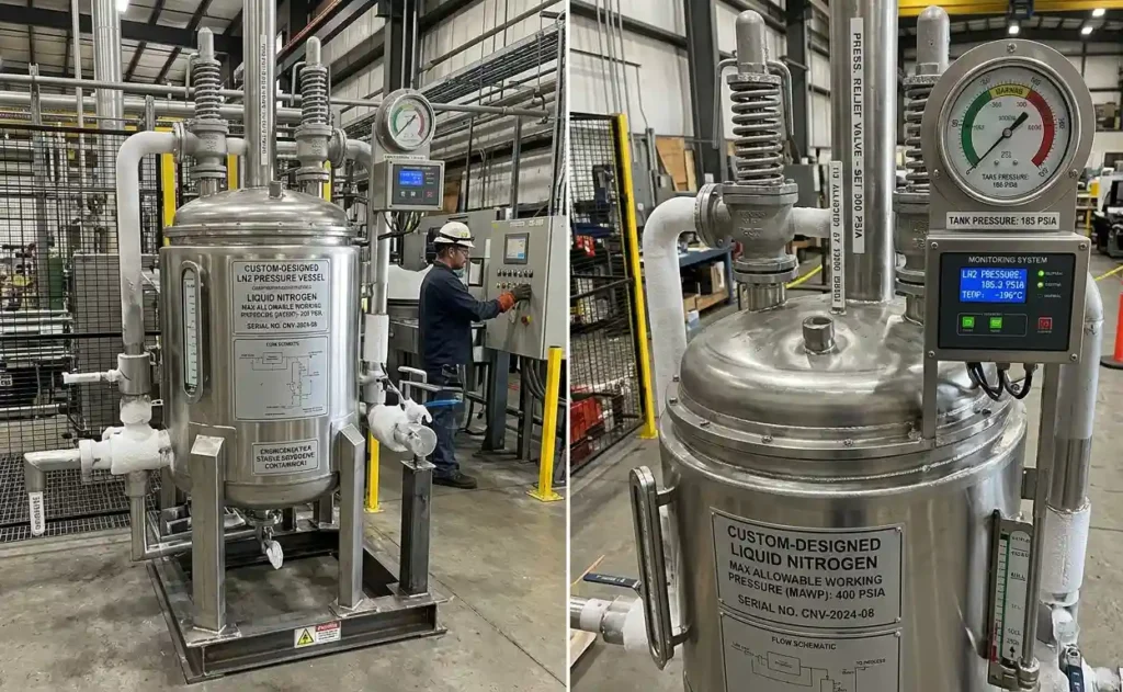 Pressure vessel for liquid nitrogen designed to operate safely below the critical pressure threshold of 492 psia, with safety features like pressure relief valves and insulation.