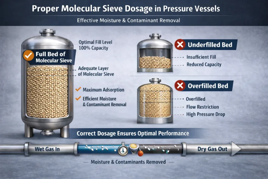 Molecular sieve setup in a pressure vessel showing correct dosage for moisture and contaminant control.