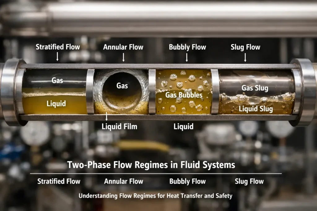 Diagram of two-phase fluid dynamics in industrial systems showing gas-liquid interaction and flow regimes like stratified, annular, bubbly, and slug flow.