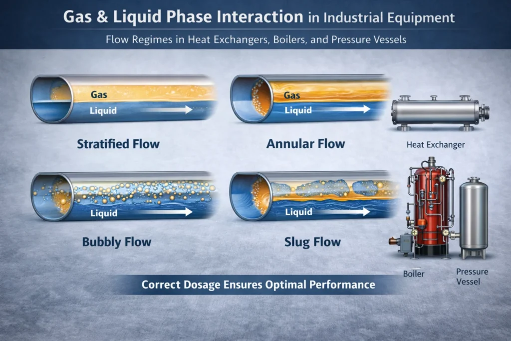 Diagram of two-phase fluid flow with gas and liquid phases in heat exchangers and pressure vessels, showing stratified, annular, bubbly, and slug flow patterns.