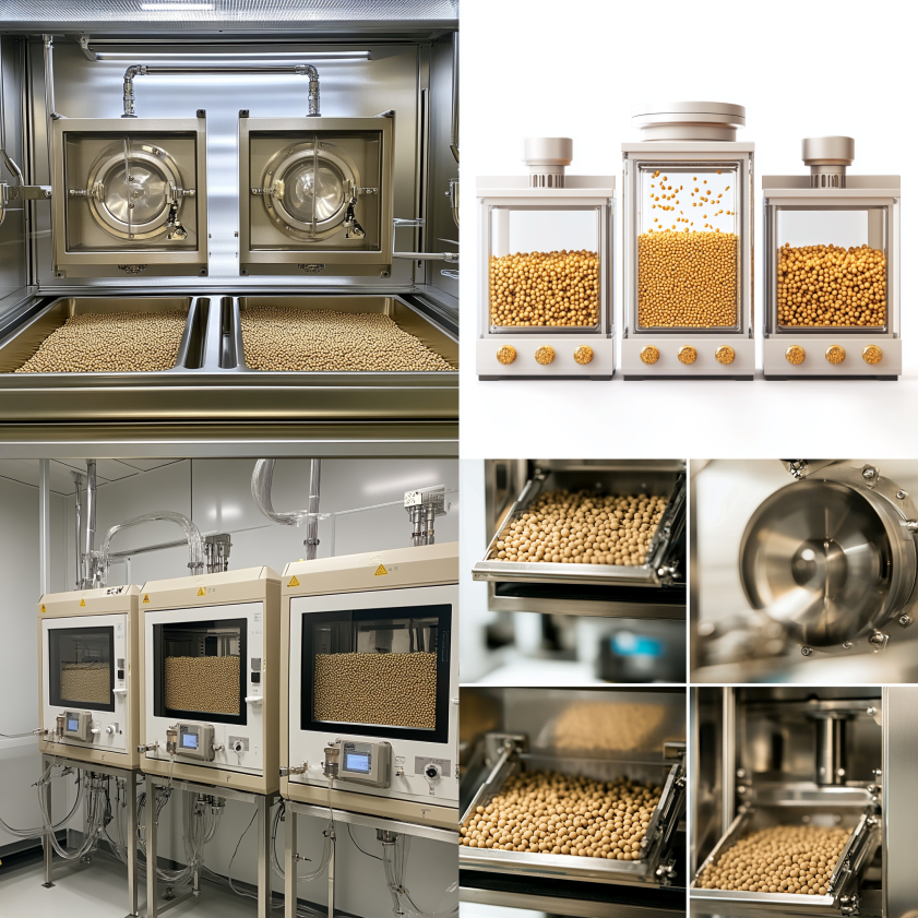 Illustration of molecular sieve drying techniques including oven drying, microwave drying, and purge gas/vacuum drying with key benefits and safety notes.