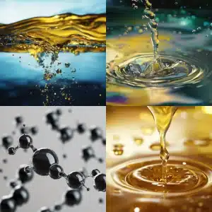 A collage of liquid droplets in vibrant colors, showcasing various stages of liquid movement and molecular structures.