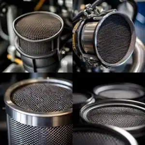 Close-up of multiple car engine air filters with a mesh grid pattern and metallic edges, highlighting their detailed design.