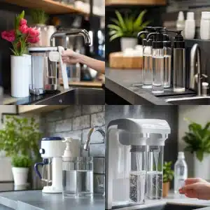 Kitchen water filtration systems and dispensers on countertops with glasses, plants, and modern stainless fixtures.
