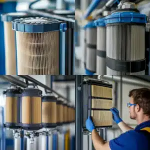 Close-up of industrial air filters in a factory, with a technician adjusting equipment for optimal performance.