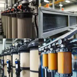 Industrial filtration system showing multiple membrane filters and processing units used in water or air purification.