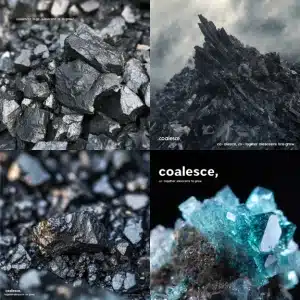 Four images of shiny black and blue crystals with the word 'coalesce' and its definition: to grow together.