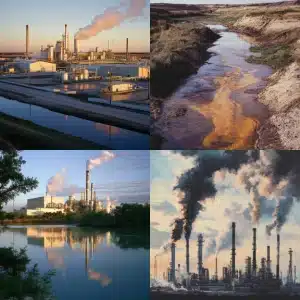 Industrial factory with smoke emissions, nearby polluted stream, highlighting the environmental impact of industry