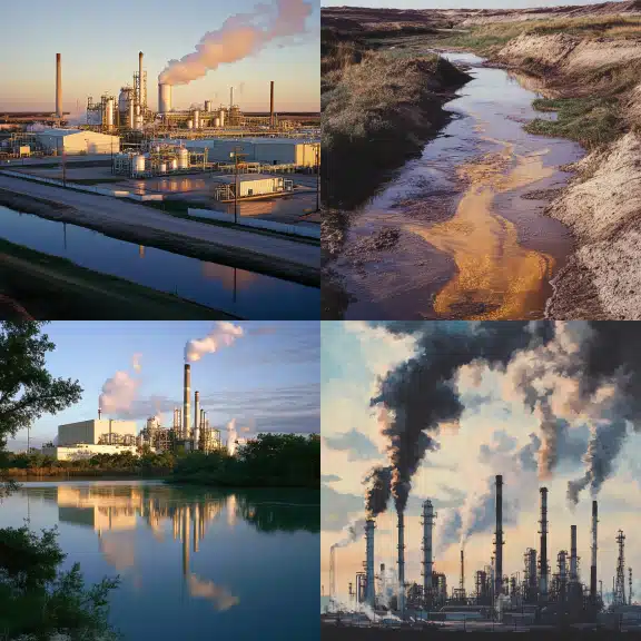 Industrial factory with smoke emissions, nearby polluted stream, highlighting the environmental impact of industry