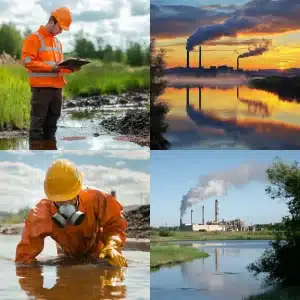 Workers examining water pollutants. Factory Emissions, and EPA levels.