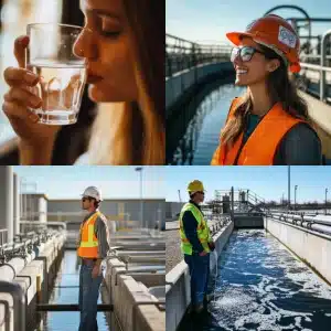 a woman drinking water and workers inspecting safe drinking water facilities