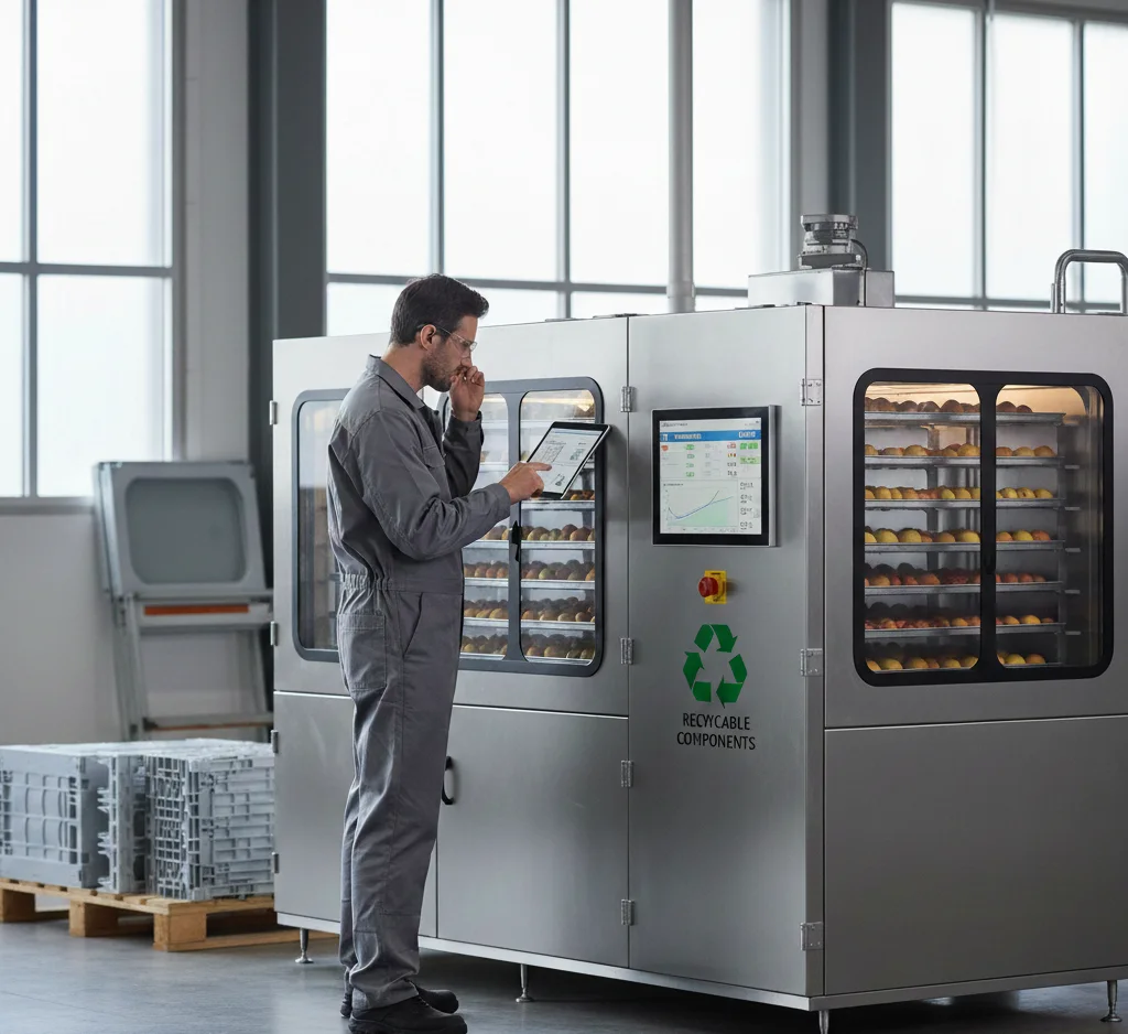 Technician inspecting an industrial dehydrator with energy monitoring and recyclable components as part of Dehydrator Lifecycle Management.