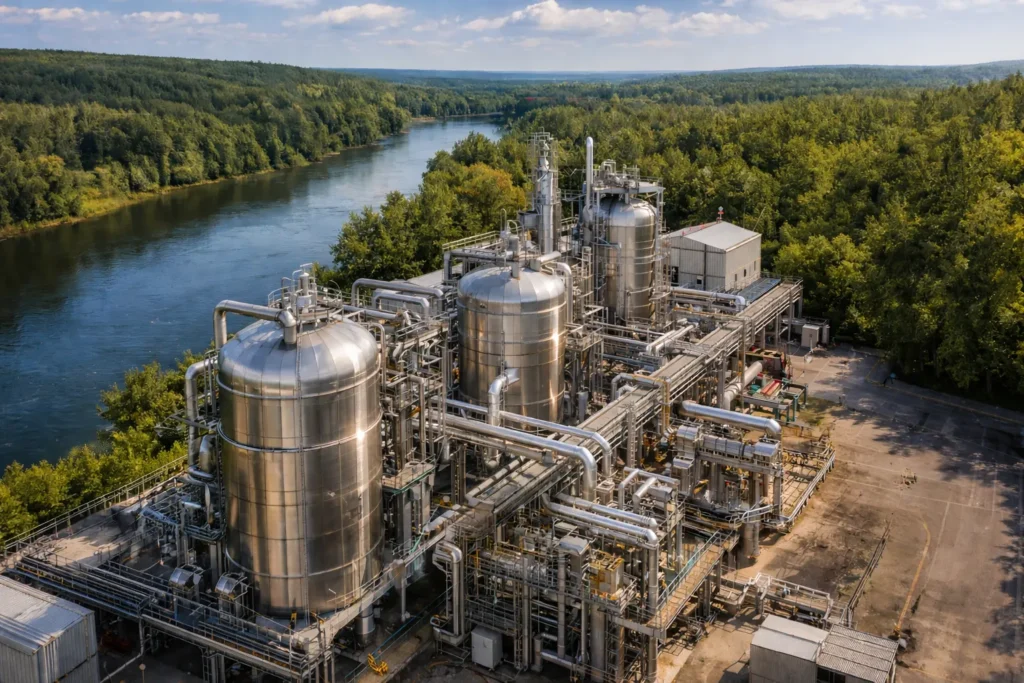 Industrial pressure vessels at a riverside facility demonstrating EPA compliance, emissions control, water protection, and sustainable manufacturing practices.