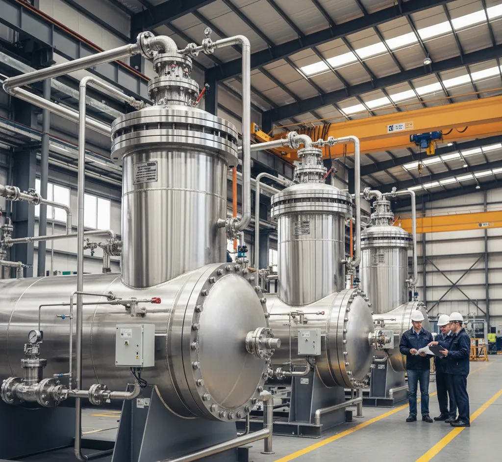 Various pressure vessels in an industrial setting, featuring intricate piping, bolted connections, and metallic surfaces.