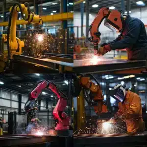 Robots and humans welding metal in a modern factory, sparks flying as automation and manual work blend together.