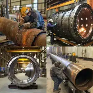 Workers in protective gear assembling, welding, and polishing large industrial pipes and metal components in a factory.