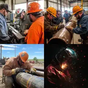 Workers in safety gear welding and assembling large metal pipes indoors and outdoors in an industrial setting.