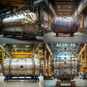 Industrial pressure vessel showing its shell, heads, nozzles, manway, and support structure
