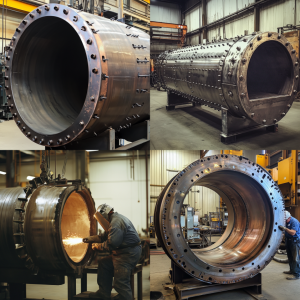 Illustration of metal fabrication techniques such as welding, machining, forming, and cutting with examples of fabricated products.
