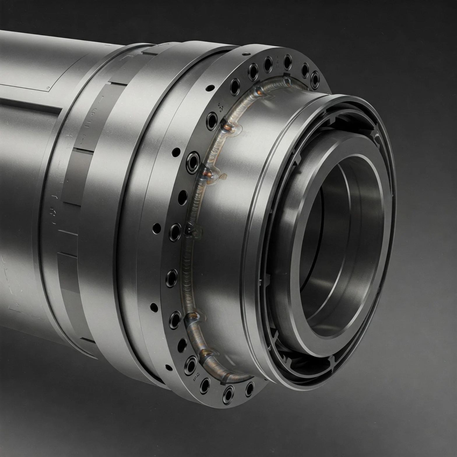 Shiny metal aerospace pressure vessel standing on a production floor.